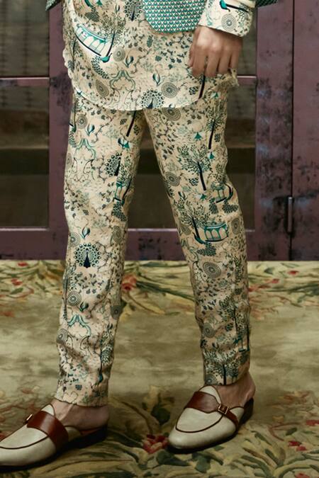 Sva By Sonam & Paras Modi_Beige Silk Floral Printed Blazer And Pant Set_Online_at_Aza_Fashions