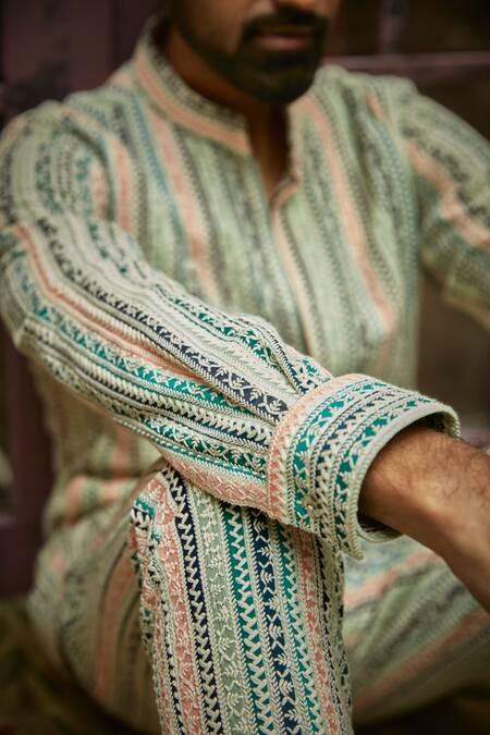 Sva By Sonam & Paras Modi_Beige Silk Geometric, Thread Lucknowi Embroidered Kurta Set_Online_at_Aza_Fashions