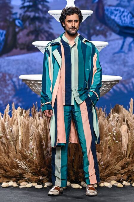 Sva By Sonam & Paras Modi_Blue Silk Printed Stripe Coat And Pant Set_Online_at_Aza_Fashions