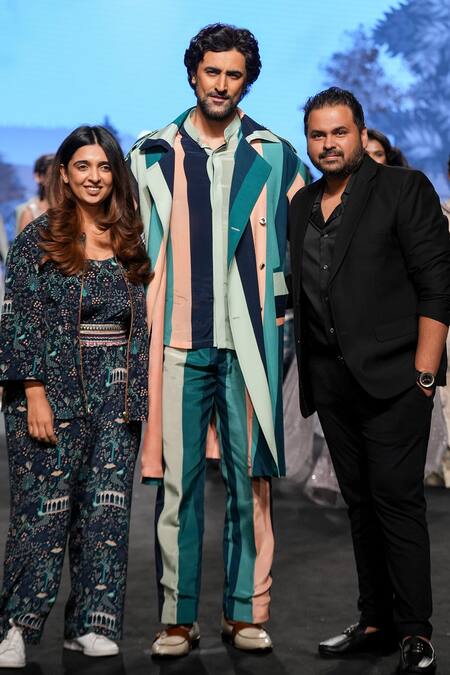 Buy_Sva By Sonam & Paras Modi_Blue Silk Printed Stripe Coat And Pant Set_Online_at_Aza_Fashions