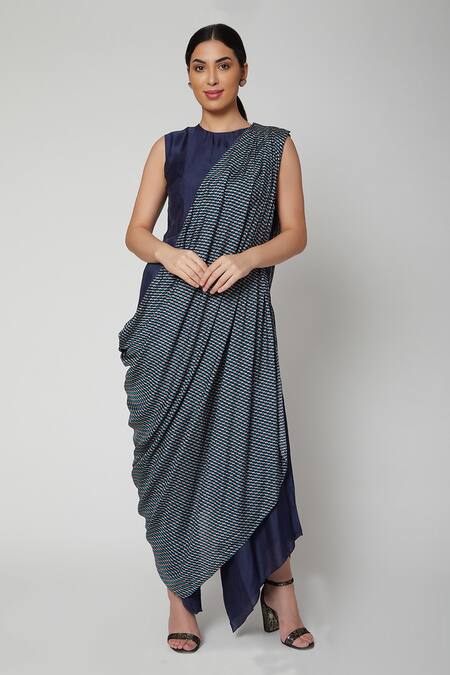 Sva By Sonam & Paras Modi_Blue Russian Silk Round Draped Jumpsuit_Online_at_Aza_Fashions