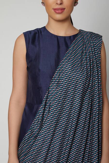 Shop_Sva By Sonam & Paras Modi_Blue Russian Silk Round Draped Jumpsuit_Online_at_Aza_Fashions