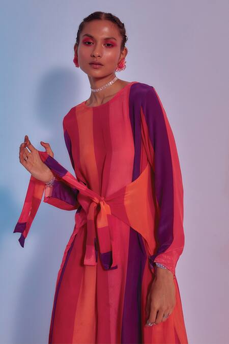 Sva By Sonam & Paras Modi_Red Crepe Silk Print Stripes Round Kurta And Palazzo Set_Online_at_Aza_Fashions