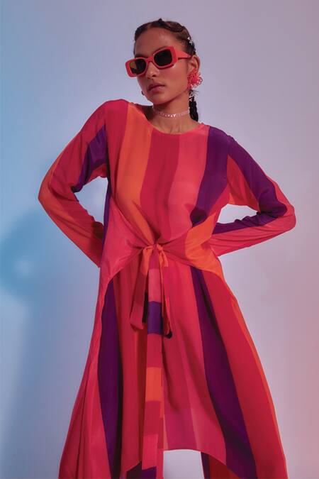 Buy_Sva By Sonam & Paras Modi_Red Crepe Silk Print Stripes Round Kurta And Palazzo Set_Online_at_Aza_Fashions