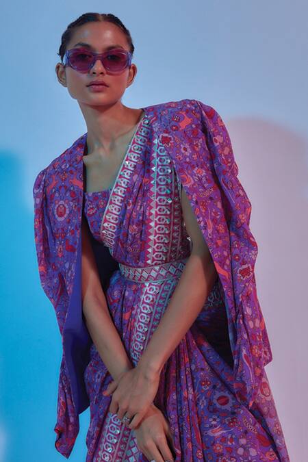 Sva By Sonam & Paras Modi_Purple Crepe Silk And Embellishment Floral & Jacket Saree Set_Online_at_Aza_Fashions