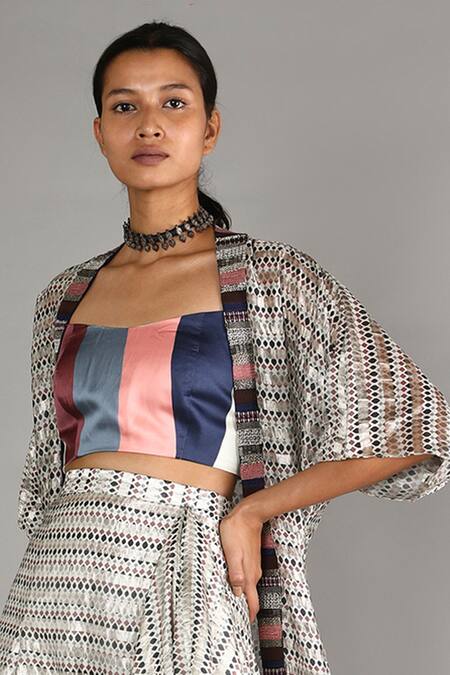 Buy_Sva By Sonam & Paras Modi_Multi Color Chanderi Draped Skirt And Cape Set_Online_at_Aza_Fashions