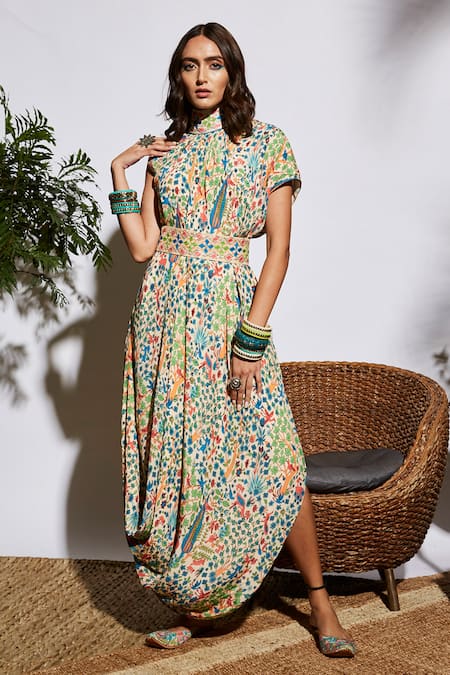 Shop Sva By Sonam & Paras Modi Beige Silk Band Floral Gown at Aza Fashions Shop_Sva By Sonam & Paras Modi_Beige Silk Band Floral Gown_at_Aza_Fashions