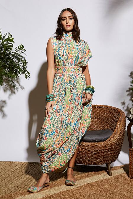Sva By Sonam & Paras Modi Beige Silk Band Floral Gown Online at Aza Fashions Sva By Sonam & Paras Modi_Beige Silk Band Floral Gown_Online_at_Aza_Fashions