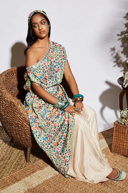 SVA by Sonam & Paras Modi Beige Silk Embroidery One Shoulder Printed Kaftan And Sharara Pants 