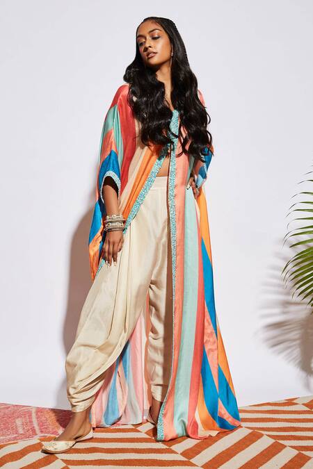 Sva By Sonam & Paras Modi Beige Silk Round Striped Cape With Draped Pant Online at Aza Fashions Sva By Sonam & Paras Modi_Beige Silk Round Striped Cape With Draped Pant_Online_at_Aza_Fashions