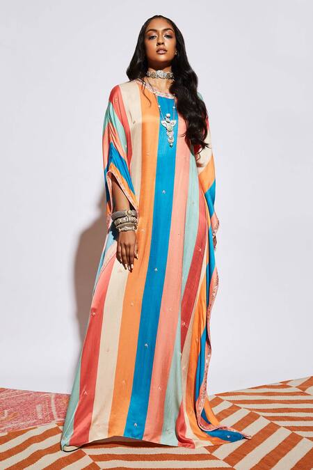 SVA by Sonam & Paras Modi Multi Color Silk Embroidery Round Striped Kaftan   2