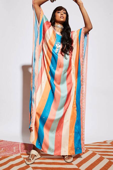 SVA by Sonam & Paras Modi Multi Color Silk Embroidery Round Striped Kaftan   3