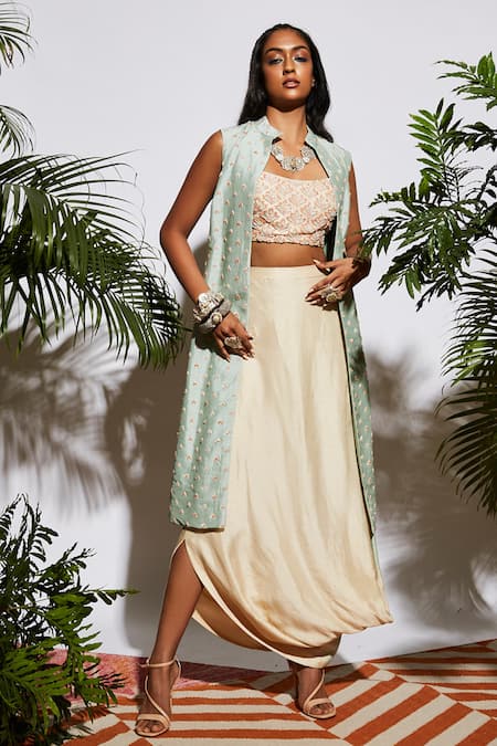 Buy Beige Silk Embroidery Jacket Band Collar Draped Skirt Set