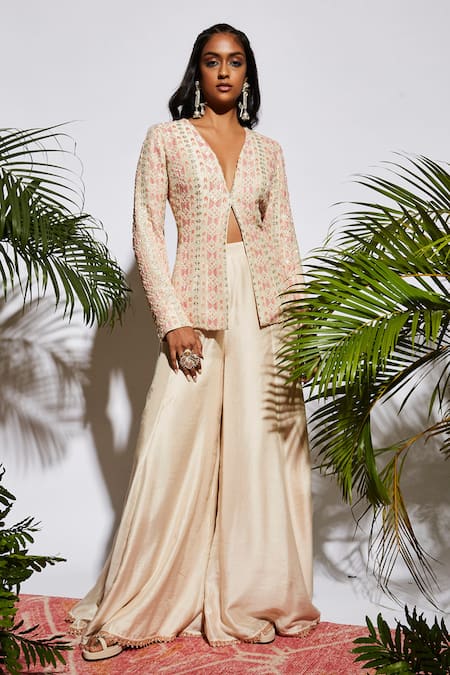 Sva By Sonam & Paras Modi_Beige Silk Embellished Jacket With Sharara Pant_Online_at_Aza_Fashions