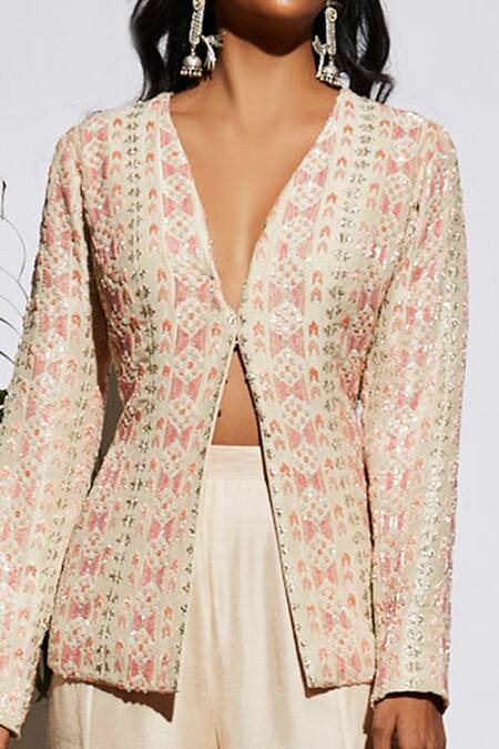 Buy_Sva By Sonam & Paras Modi_Beige Silk Embellished Jacket With Sharara Pant_Online_at_Aza_Fashions