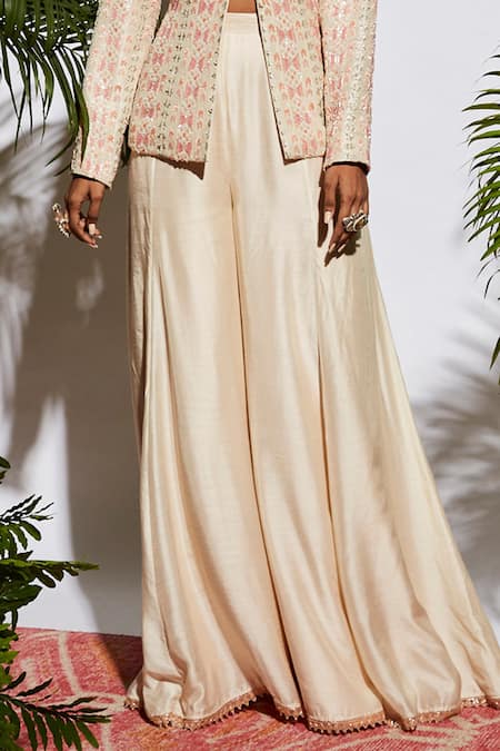 Shop_Sva By Sonam & Paras Modi_Beige Silk Embellished Jacket With Sharara Pant_Online_at_Aza_Fashions