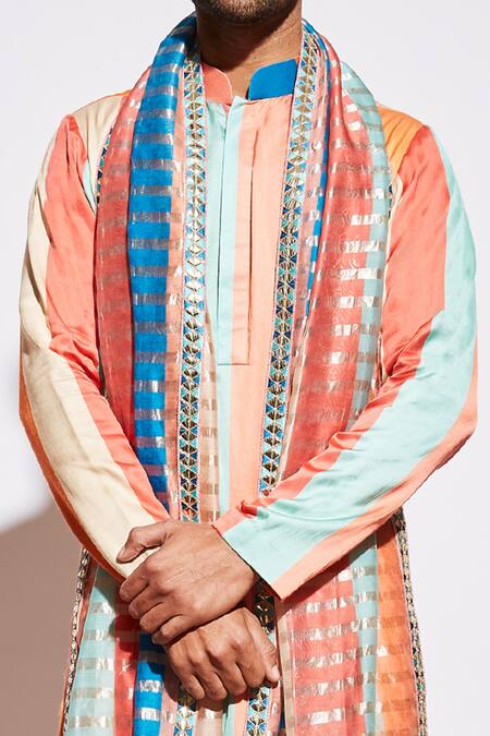 Buy_Sva By Sonam & Paras Modi_Multi Color Chanderi Stripe Dupatta_Online_at_Aza_Fashions