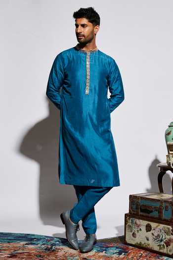 Buy Sva By Sonam & Paras Modi Blue Silk Kurta And Pant at Aza Fashions Buy_Sva By Sonam & Paras Modi_Blue Silk Kurta And Pant_at_Aza_Fashions