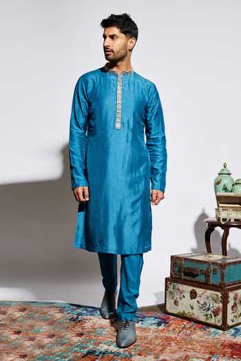 Shop Sva By Sonam & Paras Modi Blue Silk Kurta And Pant at Aza Fashions Shop_Sva By Sonam & Paras Modi_Blue Silk Kurta And Pant_at_Aza_Fashions