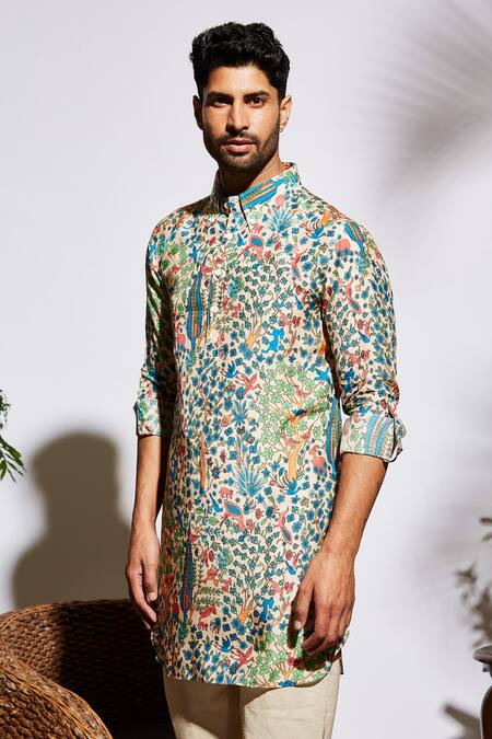 Sva By Sonam & Paras Modi_Beige Silk Printed Kurta_Online_at_Aza_Fashions