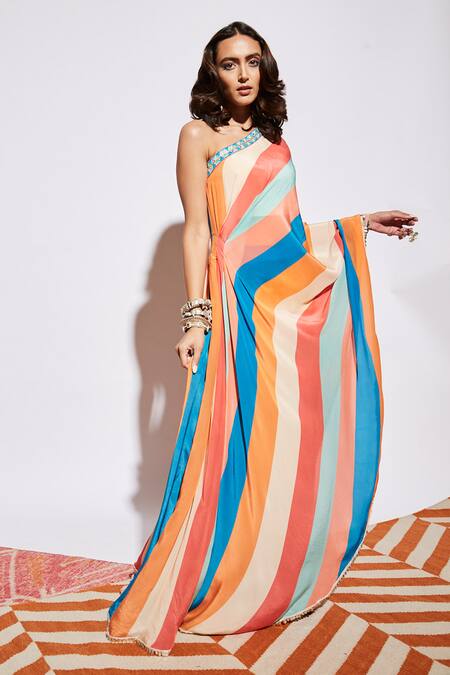 Buy_Sva By Sonam & Paras Modi_Multi Color Silk Embroidery One Shoulder Striped Pre-draped Saree With Pant_Online_at_Aza_Fashions