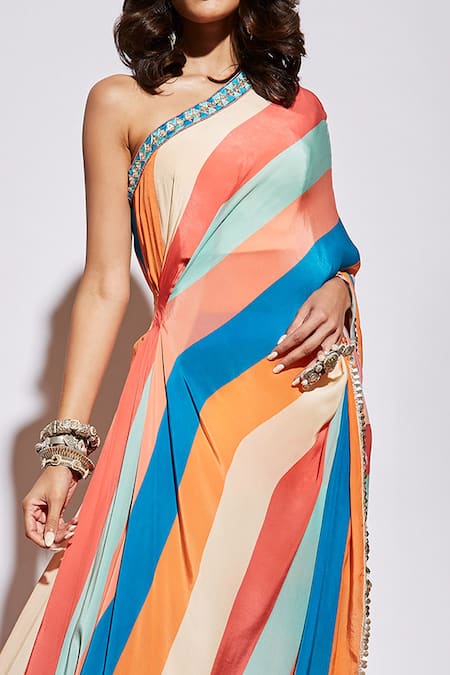 Shop_Sva By Sonam & Paras Modi_Multi Color Silk Embroidery One Shoulder Striped Pre-draped Saree With Pant_Online_at_Aza_Fashions