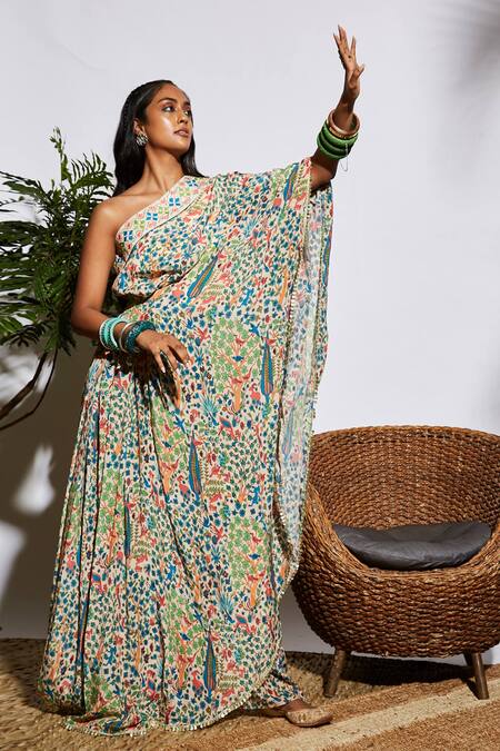 Sva By Sonam & Paras Modi_Beige Silk Embroidery One Shoulder Printed Pre-draped Saree With Pant_Online_at_Aza_Fashions