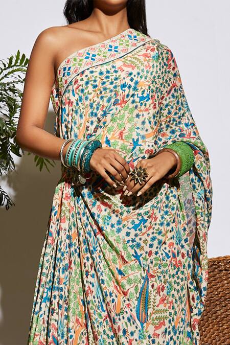 Buy_Sva By Sonam & Paras Modi_Beige Silk Embroidery One Shoulder Printed Pre-draped Saree With Pant_Online_at_Aza_Fashions