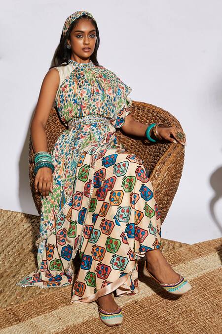 Buy_Sva By Sonam & Paras Modi_Beige Silk Embroidery Round Draped Crop Top With Sharara_Online_at_Aza_Fashions