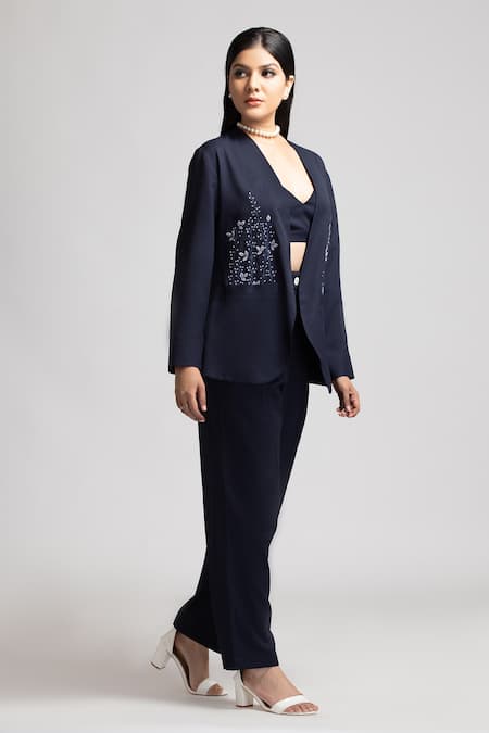 S & V Designs_Blue Banana Crepe Embroidery Thread Jacket_Online_at_Aza_Fashions