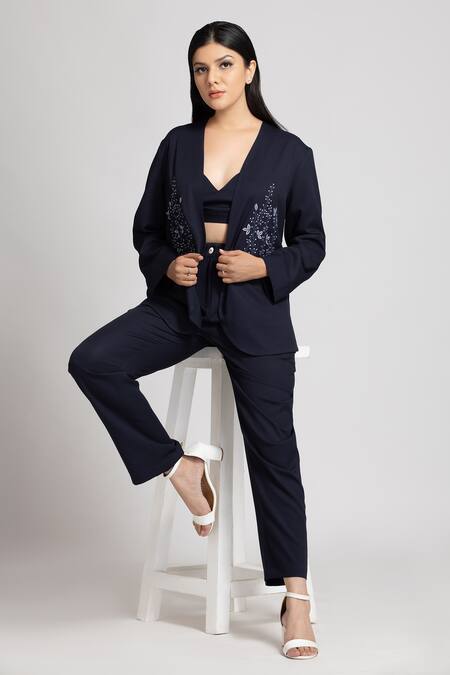 Buy_S & V Designs_Blue Banana Crepe Embroidery Thread Jacket_Online_at_Aza_Fashions
