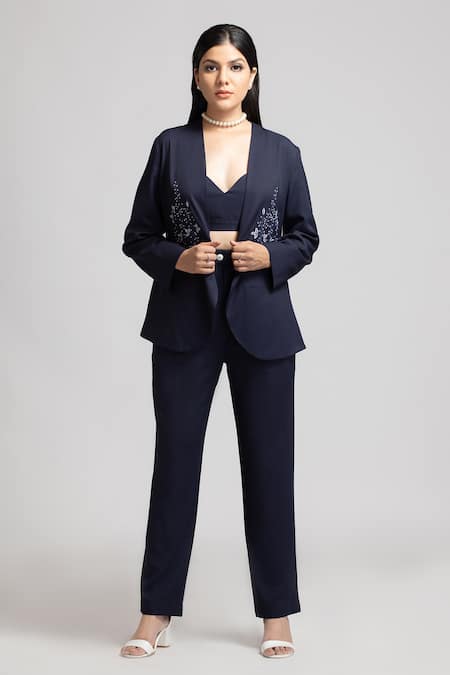 Shop_S & V Designs_Blue Banana Crepe Embroidery Thread Jacket_Online_at_Aza_Fashions