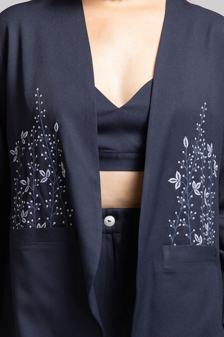 S & V Designs_Blue Banana Crepe Embroidery Thread Jacket_at_Aza_Fashions