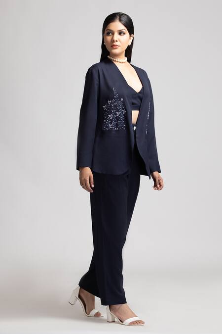 S & V Designs_Blue Banana Crepe Embroidery Thread V Neck Jacket And Pant Set_Online_at_Aza_Fashions
