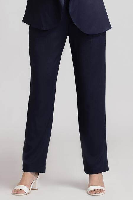 S & V Designs_Blue Banana Crepe Embroidery Thread V Neck Jacket And Pant Set_at_Aza_Fashions