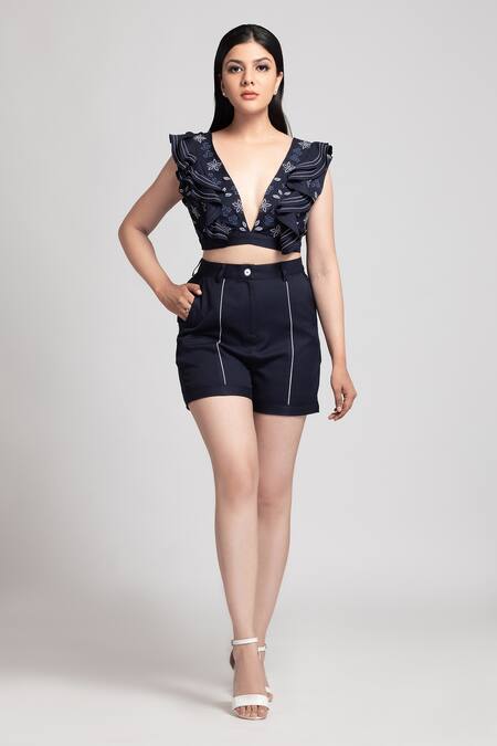Buy_S & V Designs_Blue Banana Crepe Embroidery Thread V Neck Crop Top And Shorts Set_Online_at_Aza_Fashions