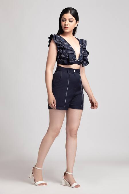 S & V Designs_Blue Banana Crepe Embroidery Thread V Neck Crop Top And Shorts Set_Online_at_Aza_Fashions