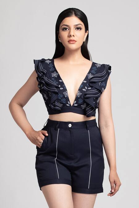 Shop_S & V Designs_Blue Banana Crepe Embroidery Thread V Neck Crop Top And Shorts Set_Online_at_Aza_Fashions