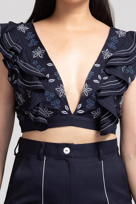 S & V Designs_Blue Banana Crepe Embroidery Thread V Neck Crop Top And Shorts Set_at_Aza_Fashions