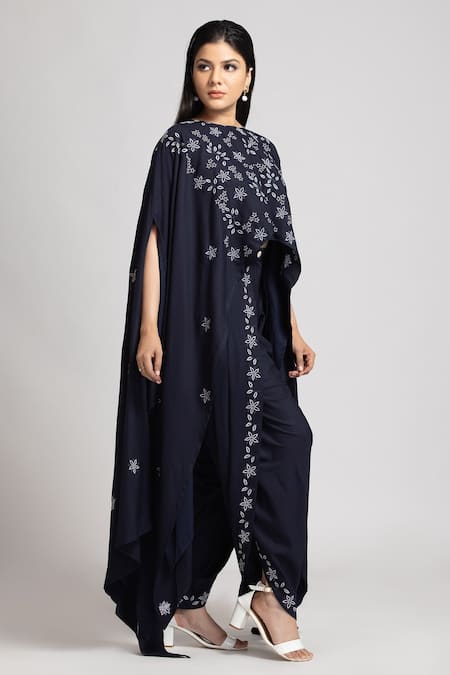 S & V Designs_Blue Banana Crepe Thread Round Top And Dhoti Pant Set_Online_at_Aza_Fashions