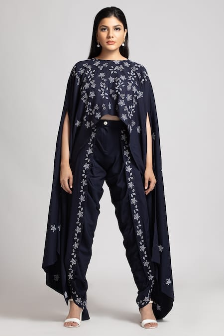 Buy_S & V Designs_Blue Banana Crepe Thread Round Top And Dhoti Pant Set_Online_at_Aza_Fashions