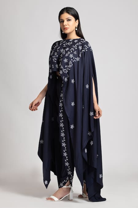 Shop_S & V Designs_Blue Banana Crepe Thread Round Top And Dhoti Pant Set_Online_at_Aza_Fashions