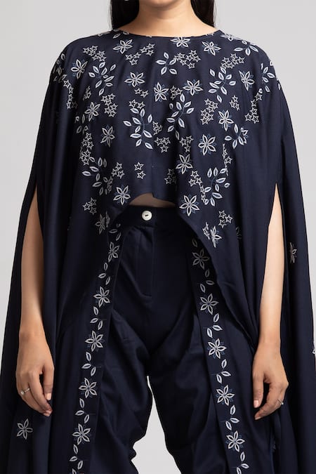 S & V Designs_Blue Banana Crepe Thread Round Top And Dhoti Pant Set_at_Aza_Fashions