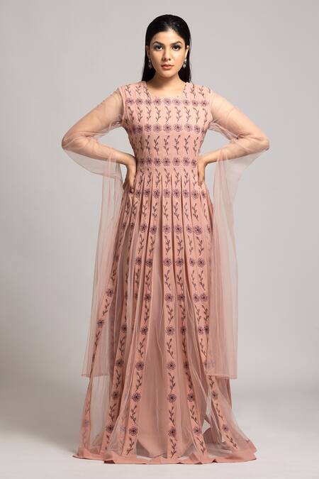 Buy_S & V Designs_Peach Banana , Net And Poly Thread Round Floral Work Multi Panel Gown_Online_at_Aza_Fashions