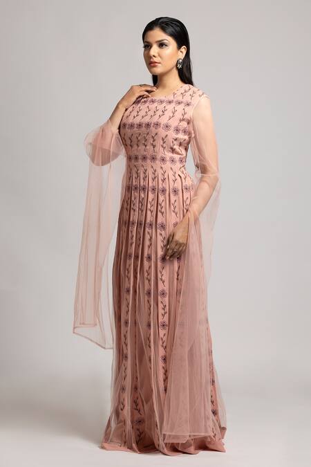 Shop_S & V Designs_Peach Banana , Net And Poly Thread Round Floral Work Multi Panel Gown_Online_at_Aza_Fashions
