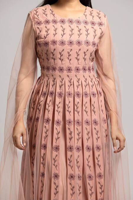 S & V Designs_Peach Banana , Net And Poly Thread Round Floral Work Multi Panel Gown_at_Aza_Fashions