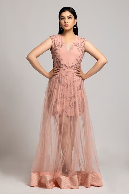 Off white embroiderd peplum style neckline flared gown available only at  Pernia's Pop Up Shop. 2024