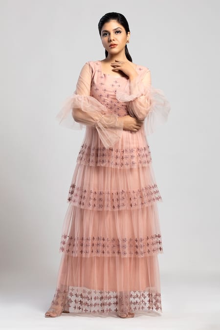 Buy_S & V Designs_Peach Banana , Poly And Nylon Net Floral Work Pleated Layered Gown_Online_at_Aza_Fashions