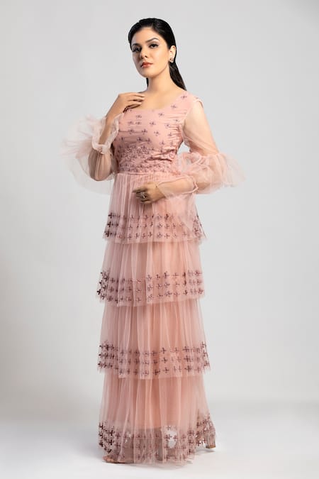 Shop_S & V Designs_Peach Banana , Poly And Nylon Net Floral Work Pleated Layered Gown_Online_at_Aza_Fashions