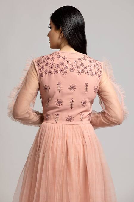 Shop_S & V Designs_Peach Banana Crepe And Nylon Net Thread Round Floral Embroidered Keyhole Neck Gown_Online_at_Aza_Fashions